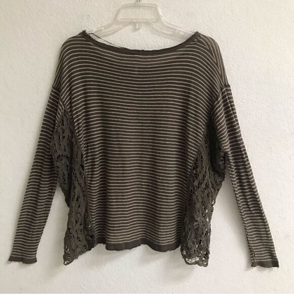 Free People striped olive green distressed grunge linen blend oversize sweater S - Picture 2 of 6